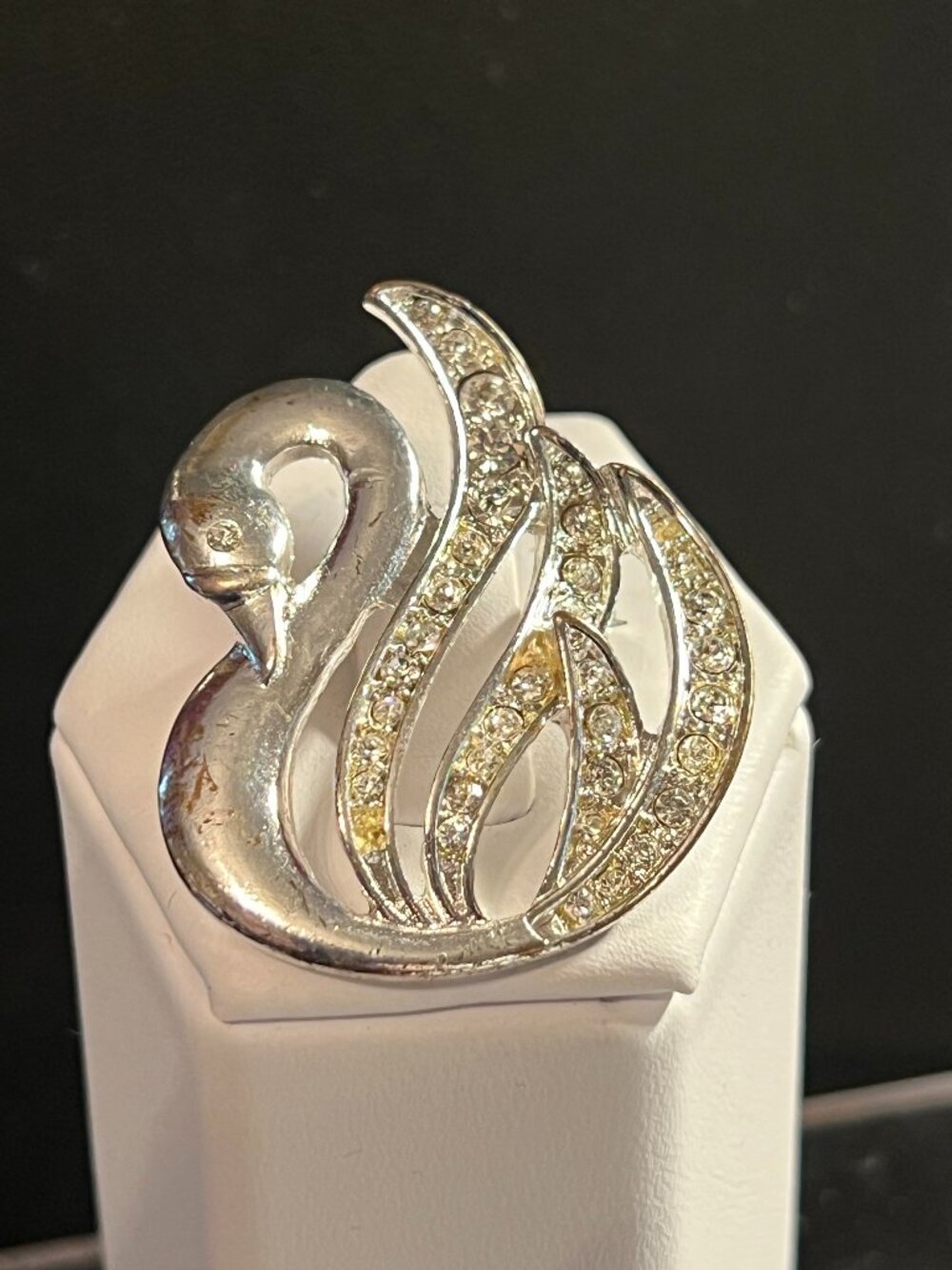Silvertone Swan Rhinestone Brooch Pin Vintage Collectible (475)